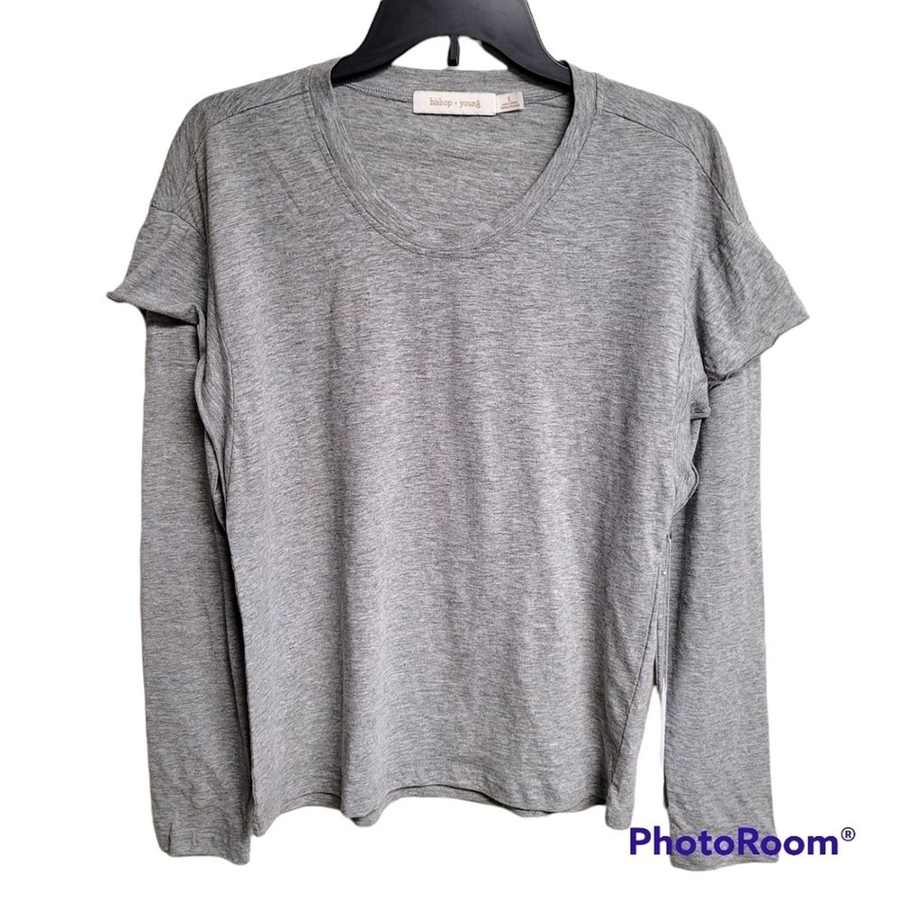 Bishop + Young Heather Grey Long Sleeve Ruffle Shoulder Shirt Relaxed Size Small